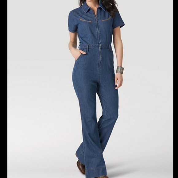 Wrangler Blue Denim Flare Jumpsuit - Picture 4 of 16